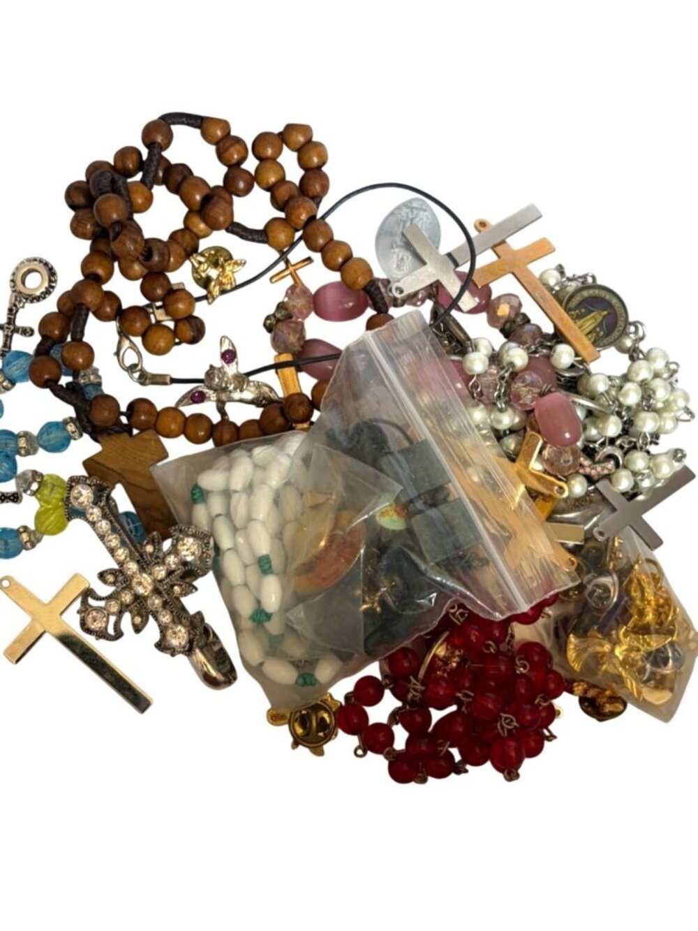 Religious Jewelry Lot Vintage Rosary Prayer Beads Pins Bracelets Pendants